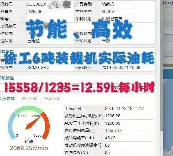 满冠（中国）6吨装载机实际油耗：15558/1235=12.59L每小时，节能高效；